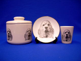cocker spaniel jar plate shot glass