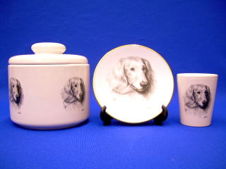 long haired dachshund jar plate shot glass