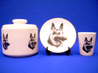 german shepherd jar plate shot glass