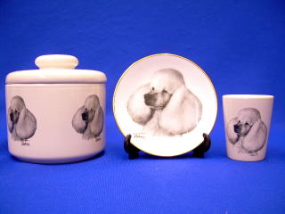 white poodle jar plate shot glass